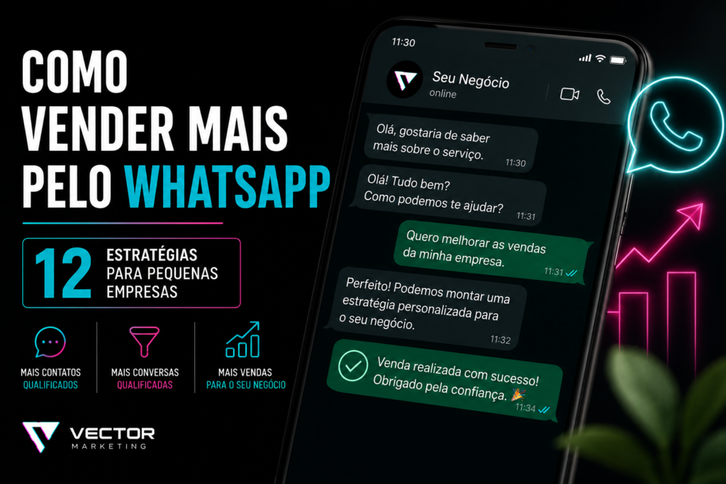 Uma conversa de WhatsApp evoluindo visualmente até uma venda fechada. Sem excesso de elementos.