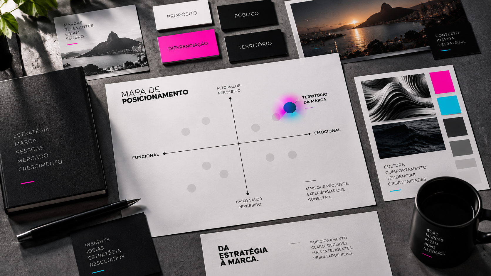 Mapa estratégico de posicionamento de marca e diferenciação no mercado