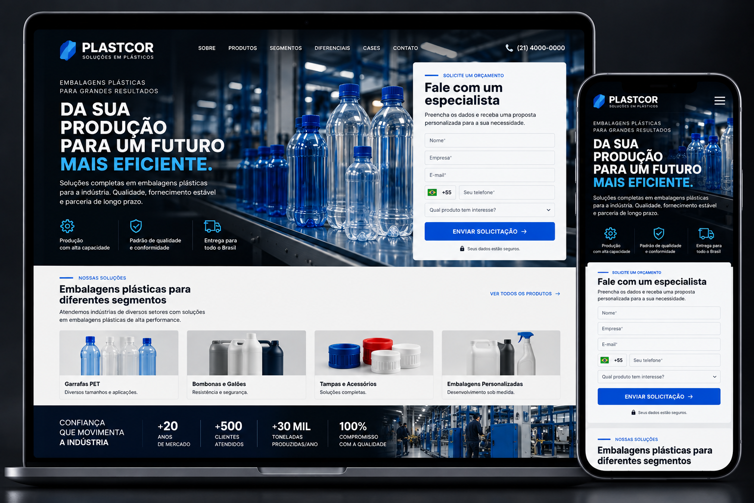Exemplo de landing page B2B para geração de leads de empresa de embalagens plásticas