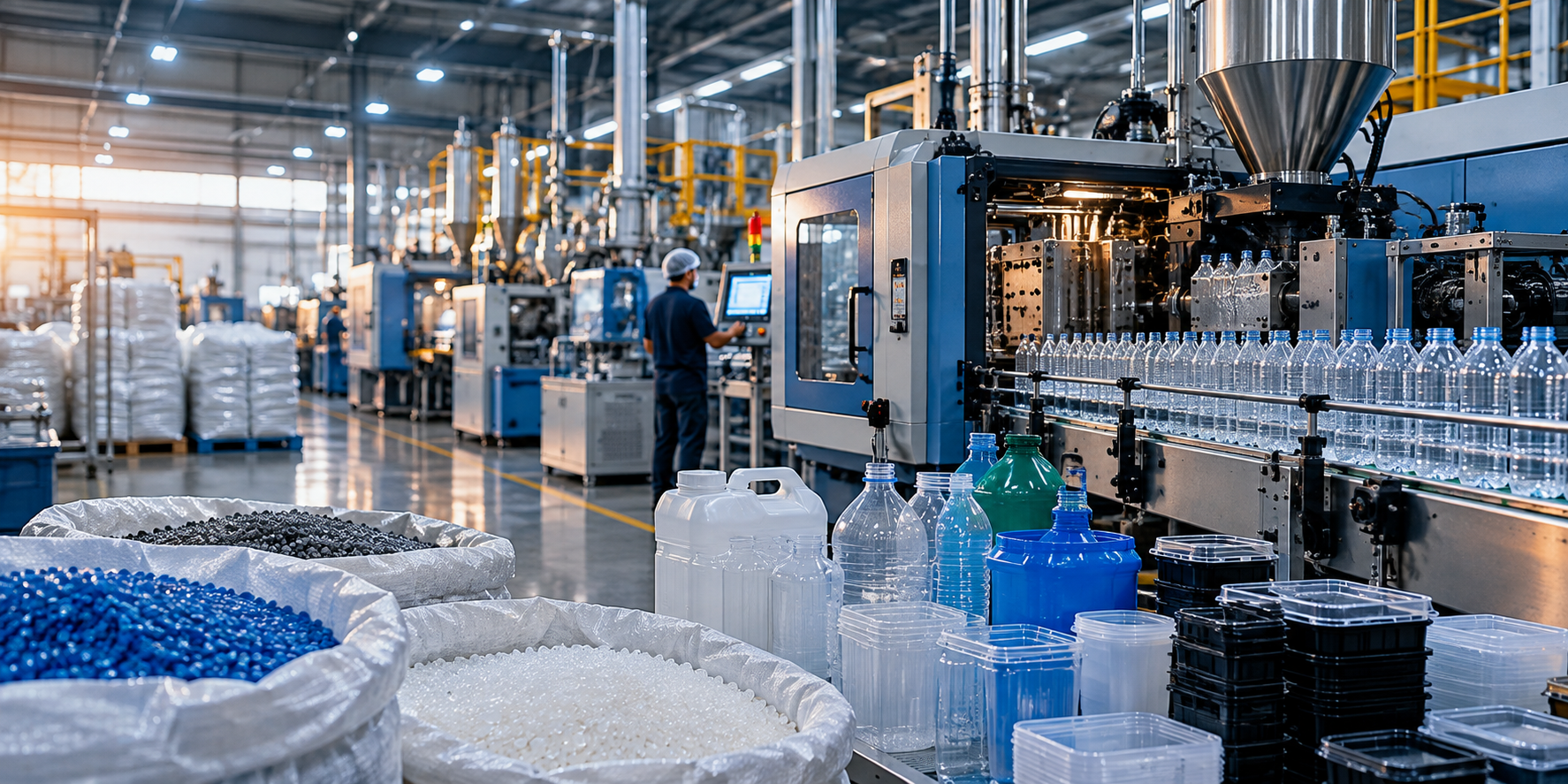 Indústria de plástico com linha de produção de embalagens e garrafas