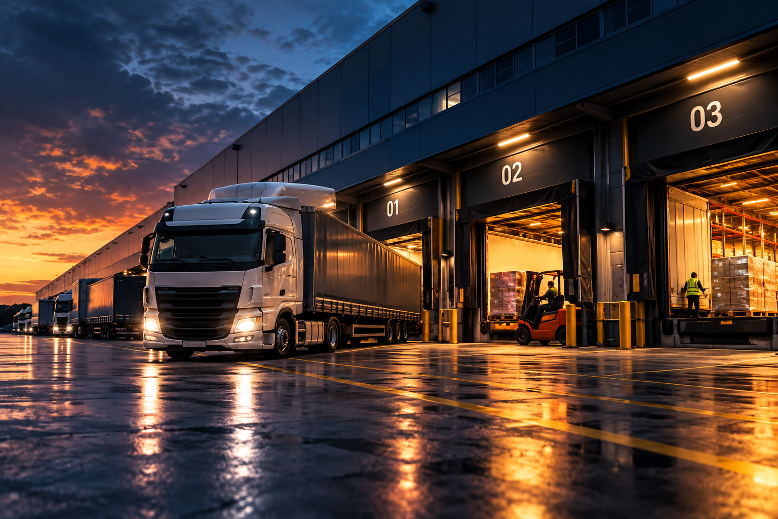 Operação logística de transportadora com caminhões, docas e movimentação de cargas