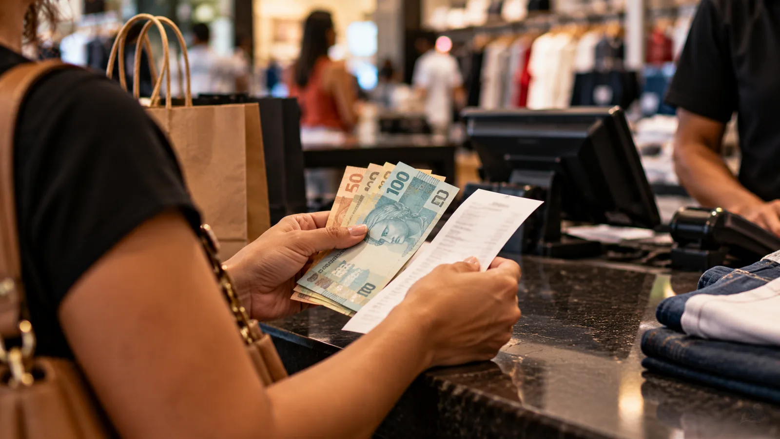 13º salário 2026: consumidora brasileira utiliza dinheiro em compras no comércio durante o fim de ano