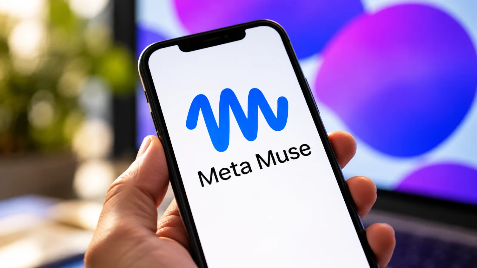 Celular exibindo app de assistente de IA, ilustração do lançamento do Muse Wonder da Meta