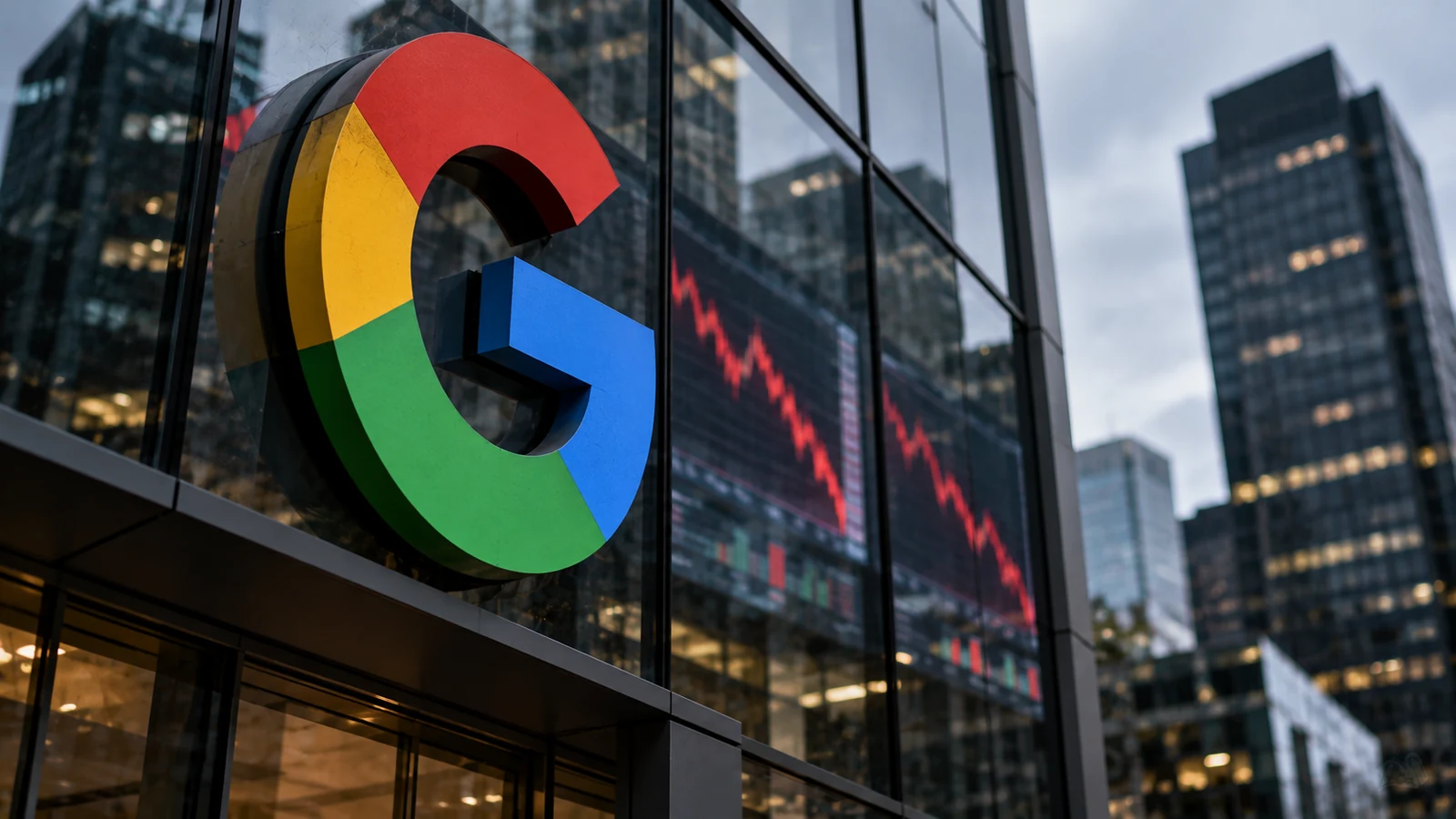 Ações do Google caem após balanço da Alphabet, com logotipo da empresa e gráfico de queda