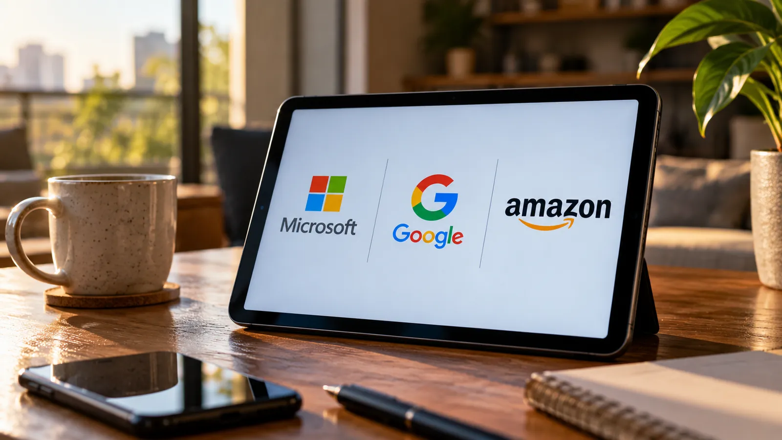 Balanço das big techs: tablet com os logotipos de Microsoft, Google e Amazon
