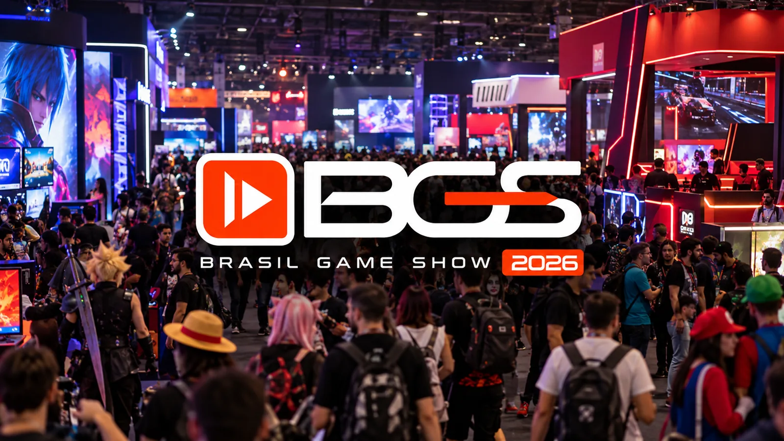 BGS 2026 com público e cosplayers circulando entre estandes de games