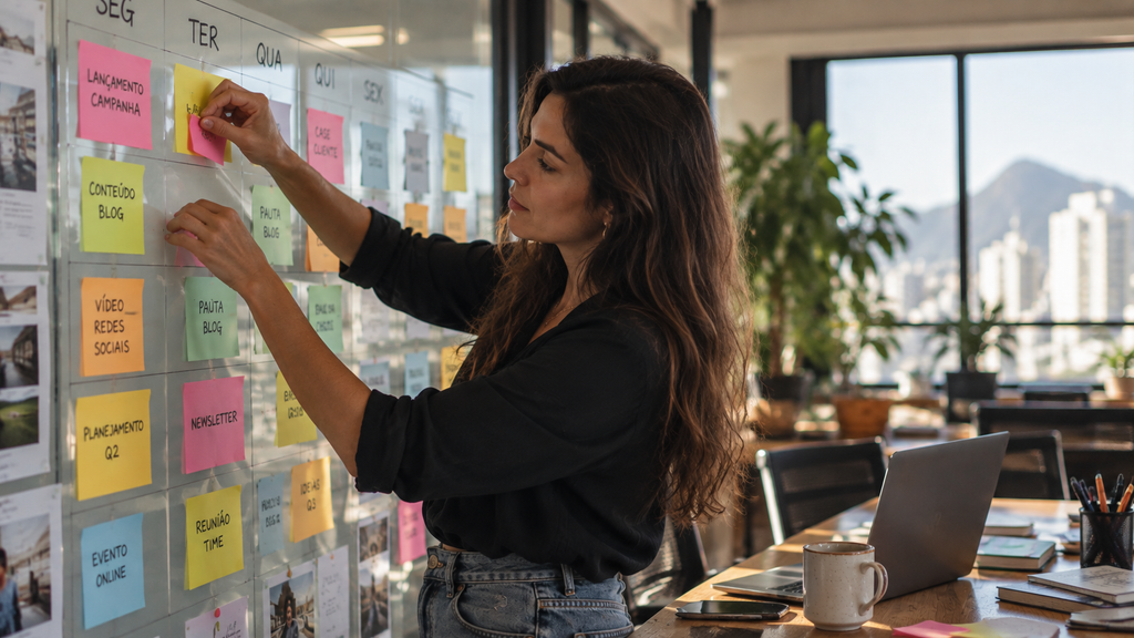 Editora de conteúdo organiza calendário editorial com post-its em parede de escritório