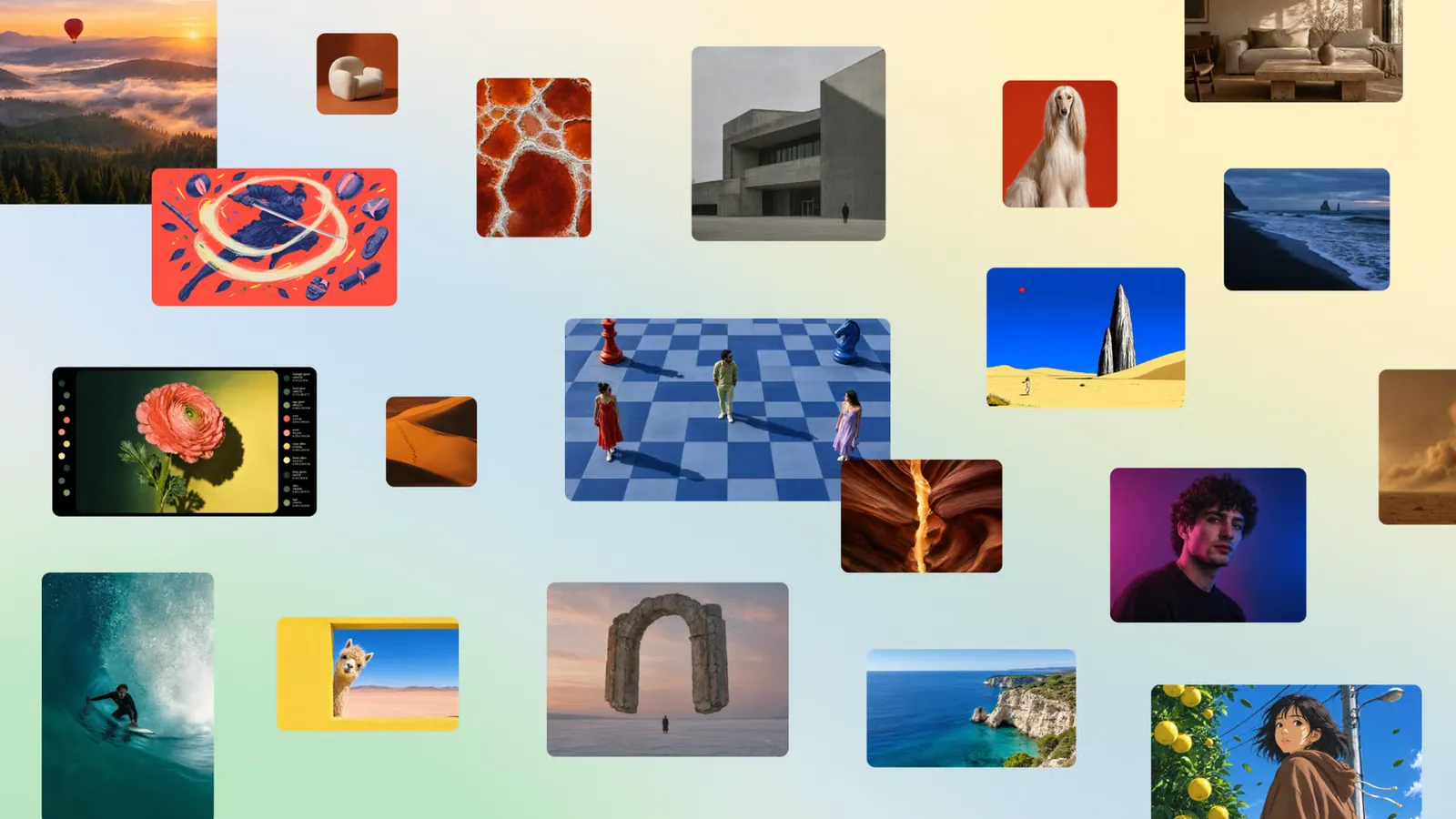 Mosaico de imagens criadas com o Craft, ferramenta de inteligência artificial do Canva