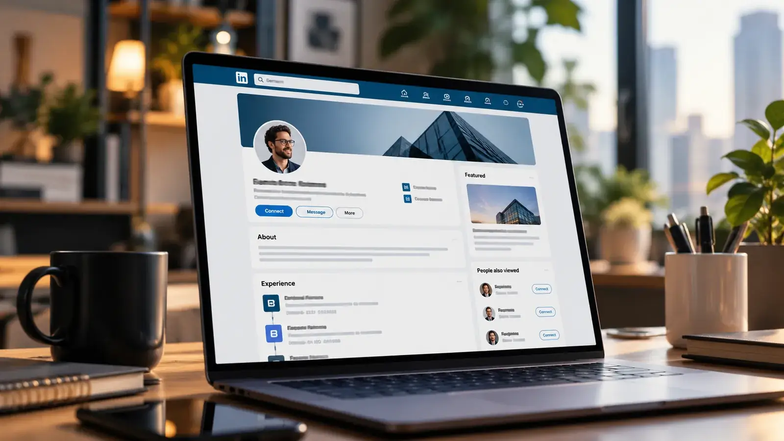 CEOs no LinkedIn: perfil de executivo aberto no notebook em escritório