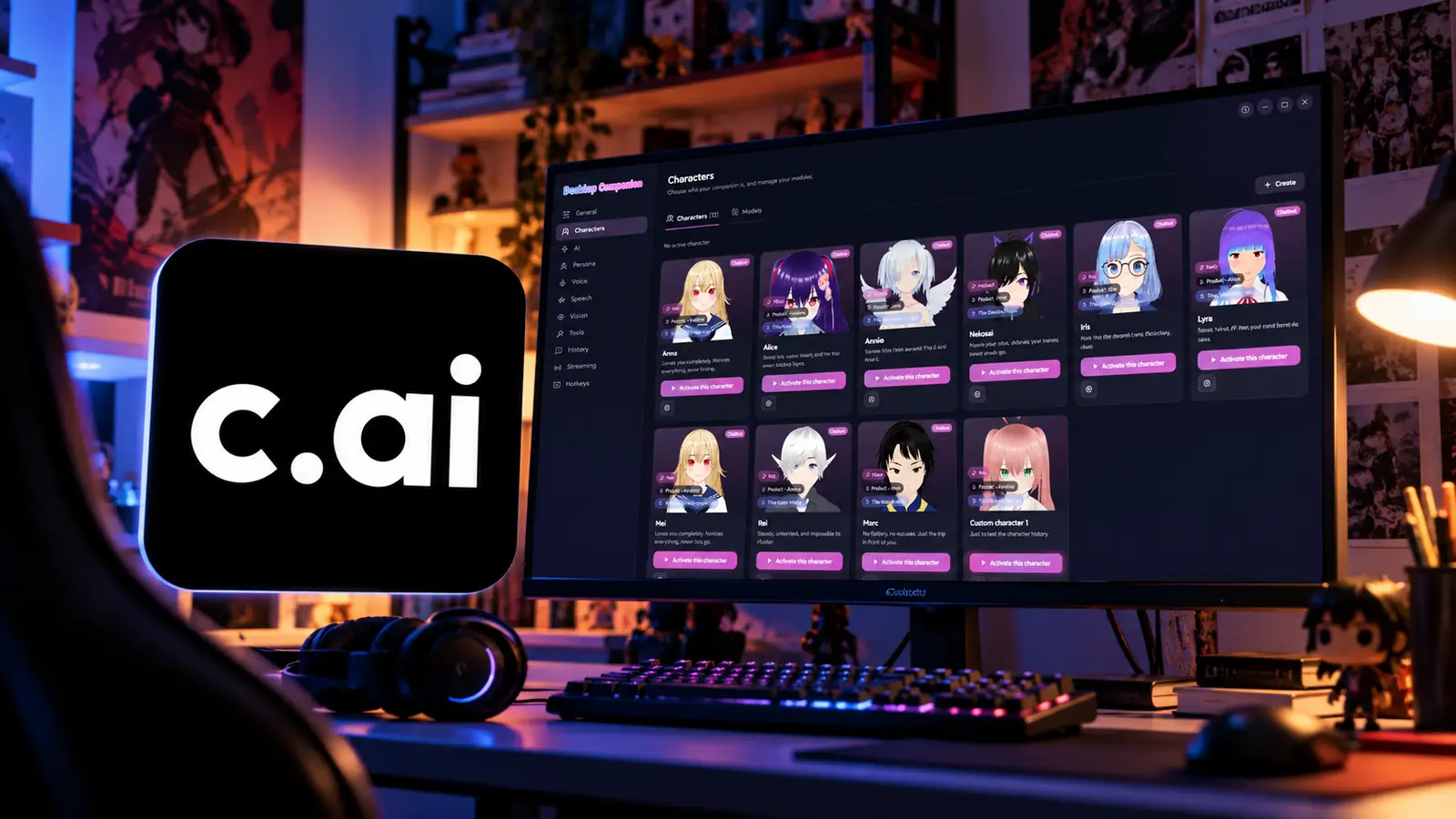 Logo da Character.AI ao lado de monitor com personagens de chatbot em um setup gamer