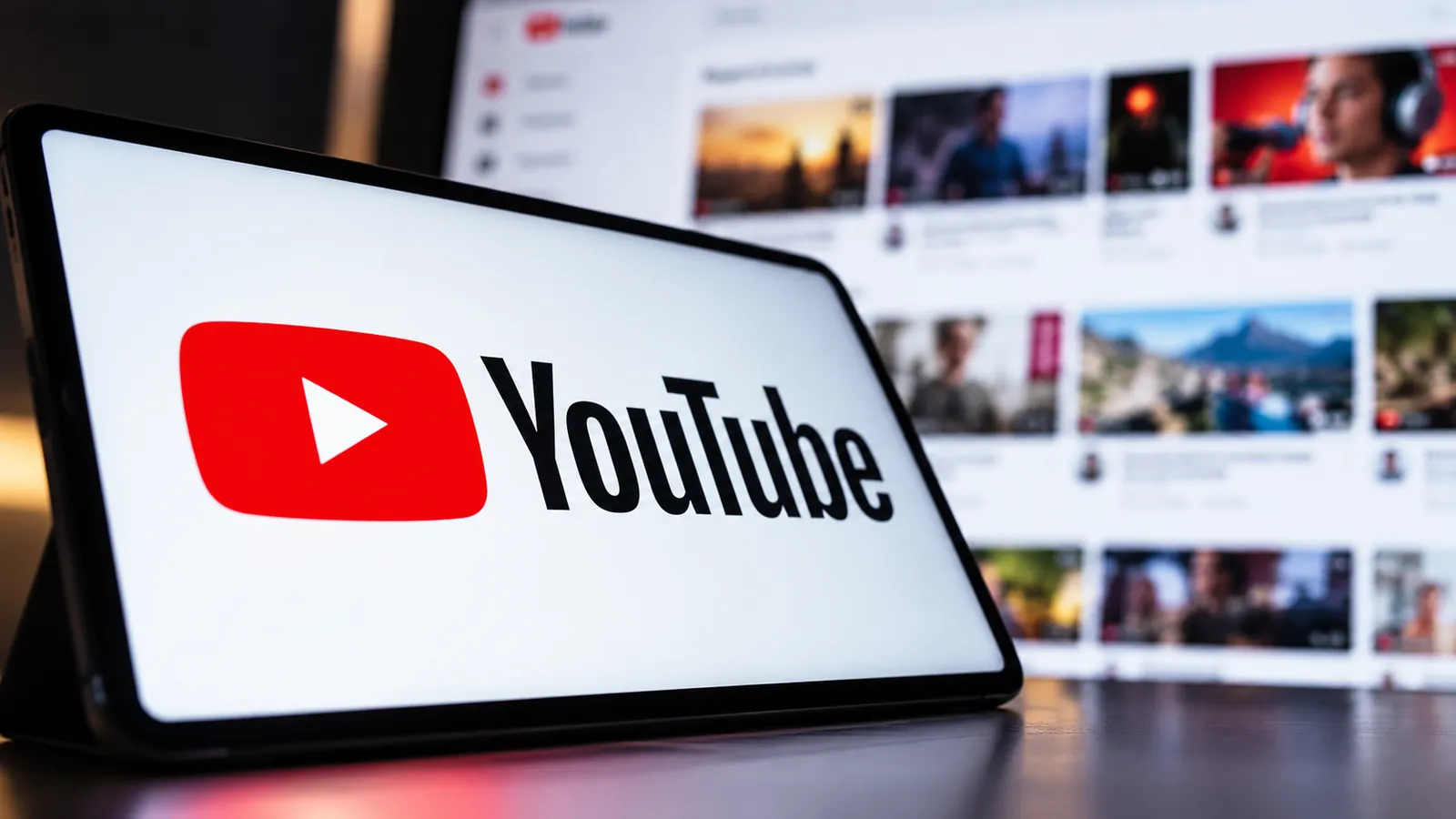 Criadores do YouTube: logo da plataforma em tablet com vídeos ao fundo