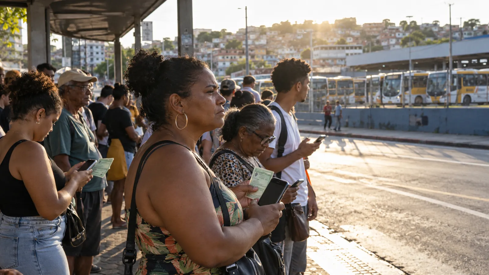 Crise dos ônibus: eleitores com título na mão esperam transporte em ponto lotado no domingo de eleição