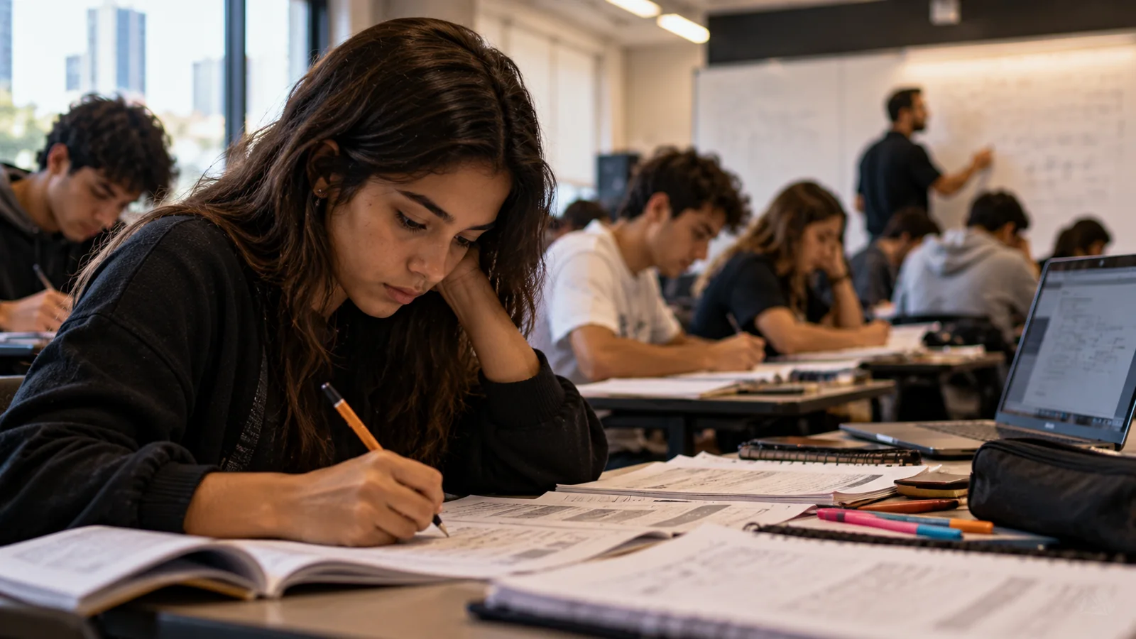 Enem 2026: estudantes se preparam em sala de cursinho para as provas de novembro