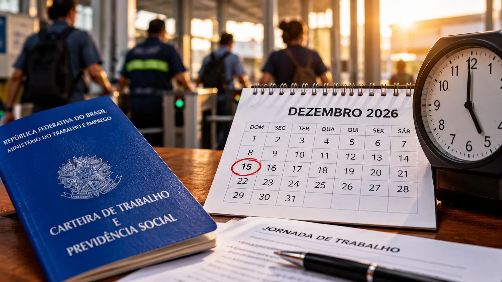 Escala 5x2: carteira de trabalho e calendário com o dia 15 de dezembro marcado
