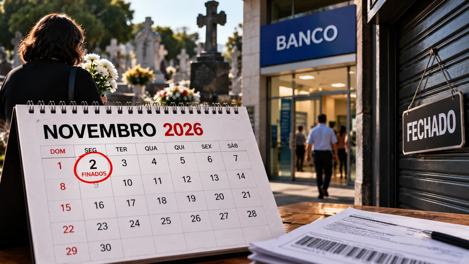 Feriado de Finados 2026: calendário com 2 de novembro marcado e agência bancária fechada