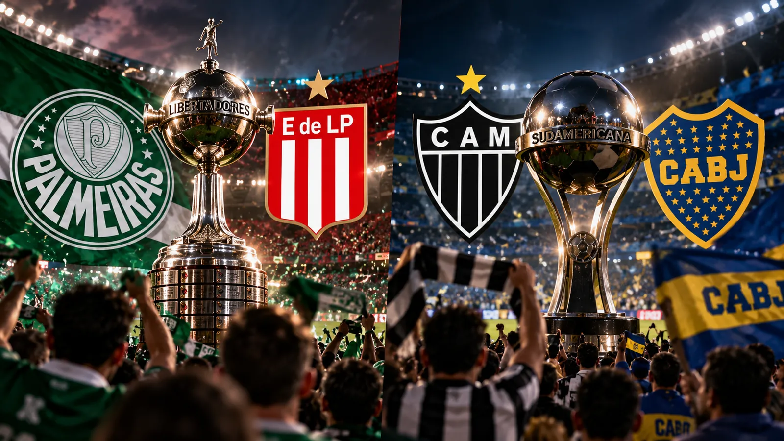 Final da Libertadores 2026: taças da Libertadores e da Sul-Americana com torcidas de Palmeiras, Estudiantes, Atlético-MG e Boca