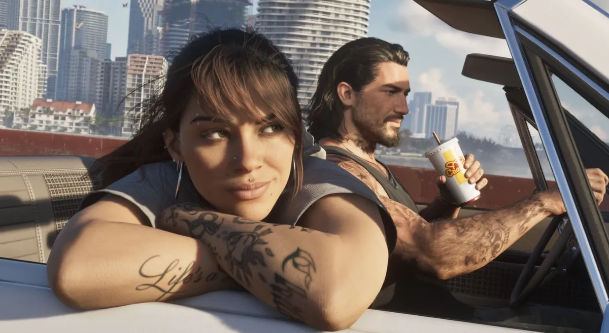 GTA 6: os protagonistas Lucia e Jason em um carro conversível em Vice City