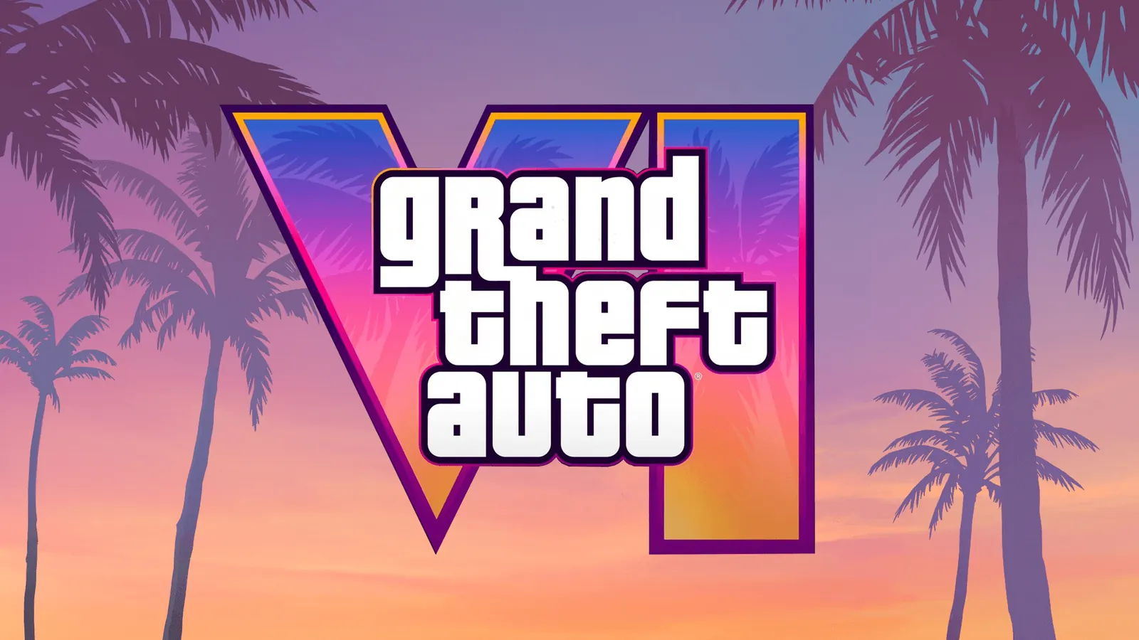 GTA 6: logo oficial de Grand Theft Auto VI com palmeiras ao pôr do sol
