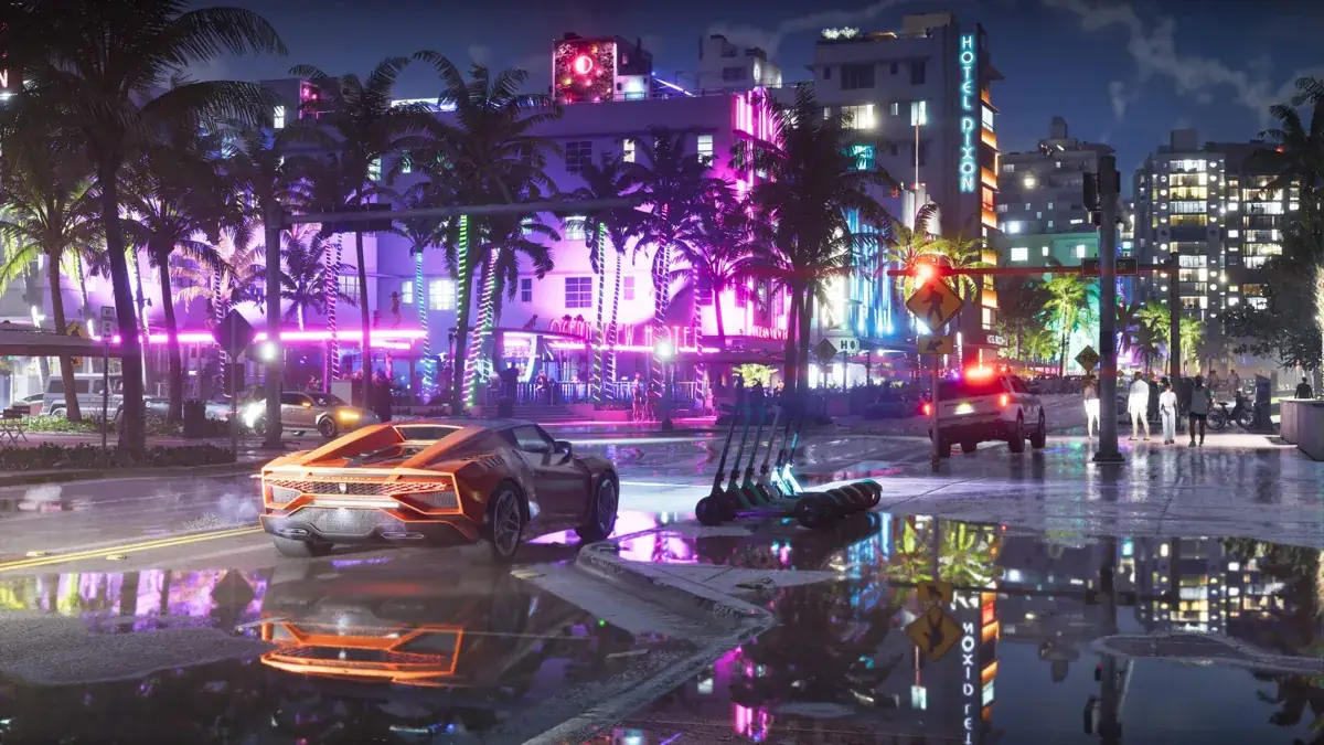 GTA 6: cena noturna de Vice City com carro esportivo, neon e palmeiras