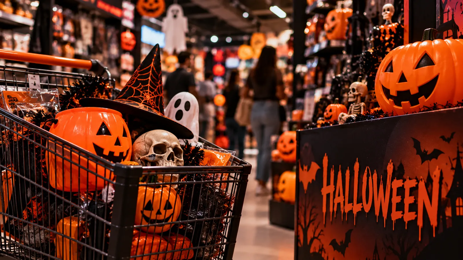 Halloween 2026 carrinho com decoração em loja