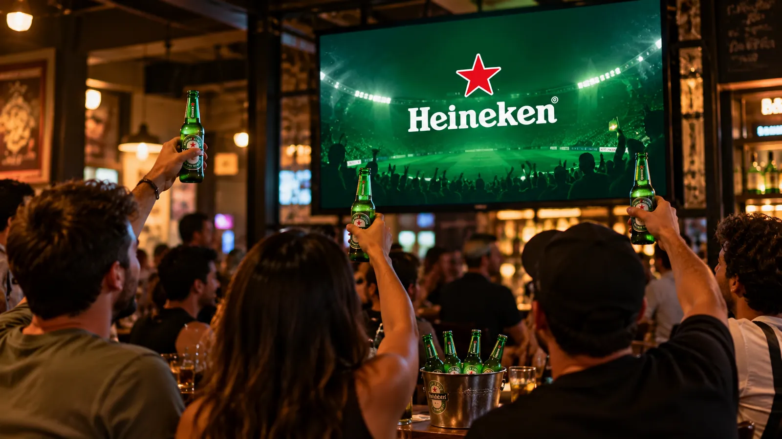 Heineken: amigos brindam com cerveja em um bar diante de um telão com a marca