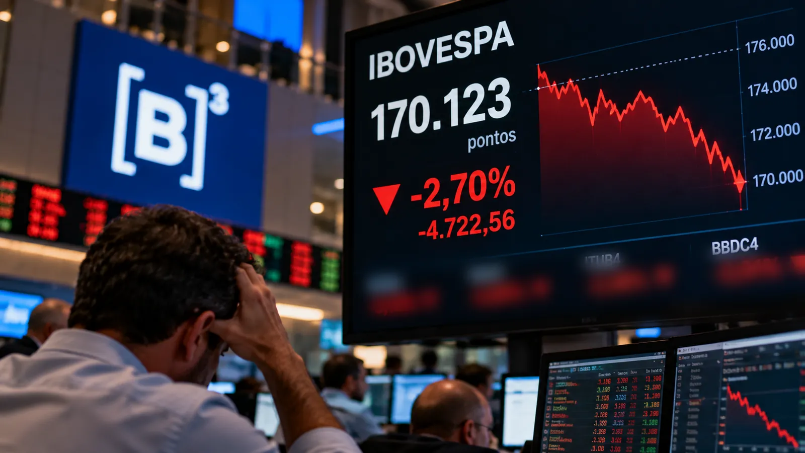 Ibovespa hoje: operador diante de painel com queda da bolsa na semana pós-eleição