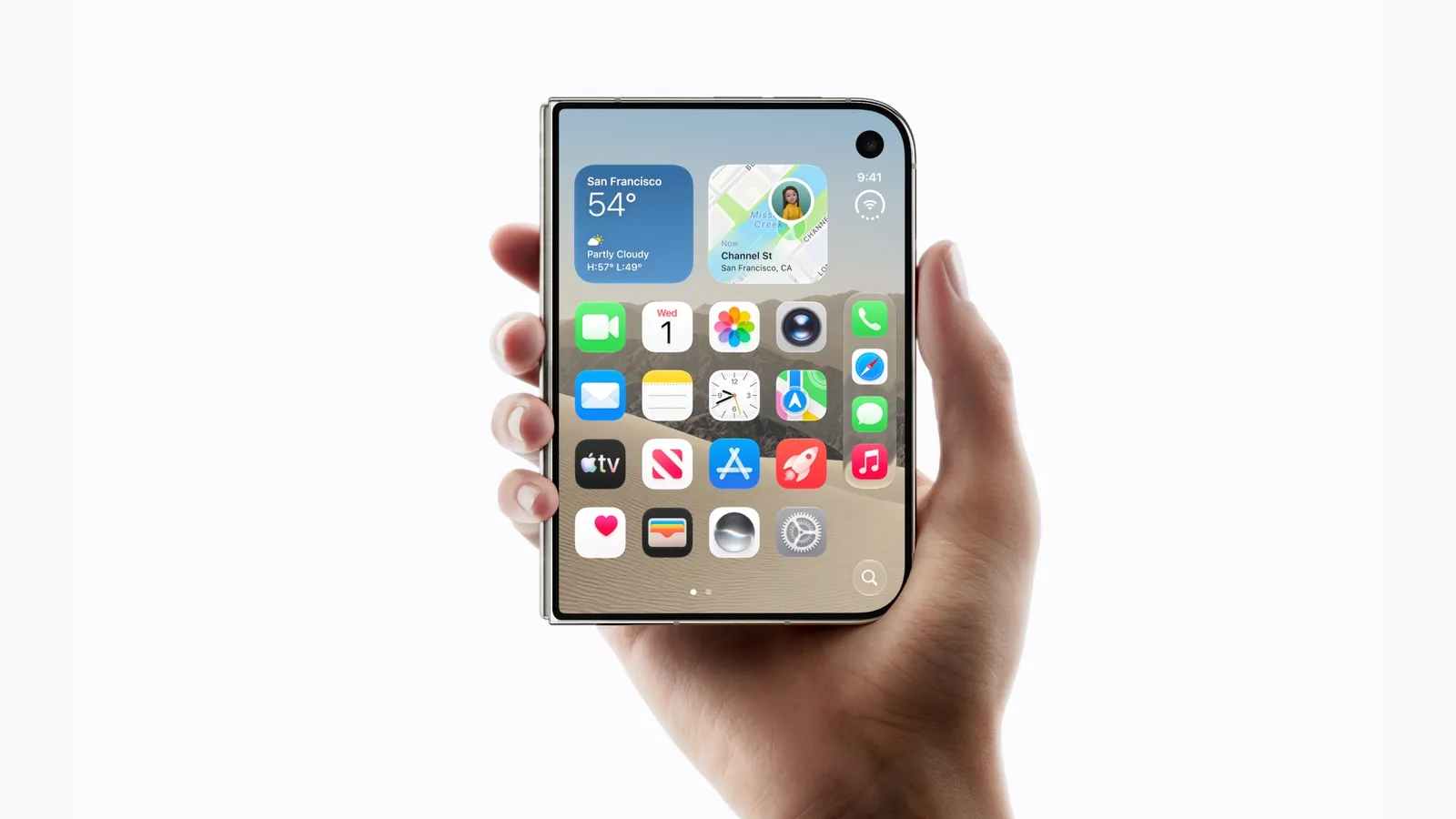 iPhone Duo: mão segurando o primeiro celular dobrável da Apple