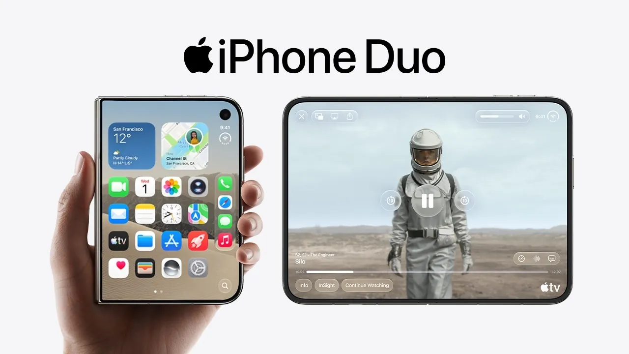 iPhone Duo fechado e aberto iPhone Duo fechado, com tela de 5,4 polegadas, e aberto, com tela de 7,6 polegadas
