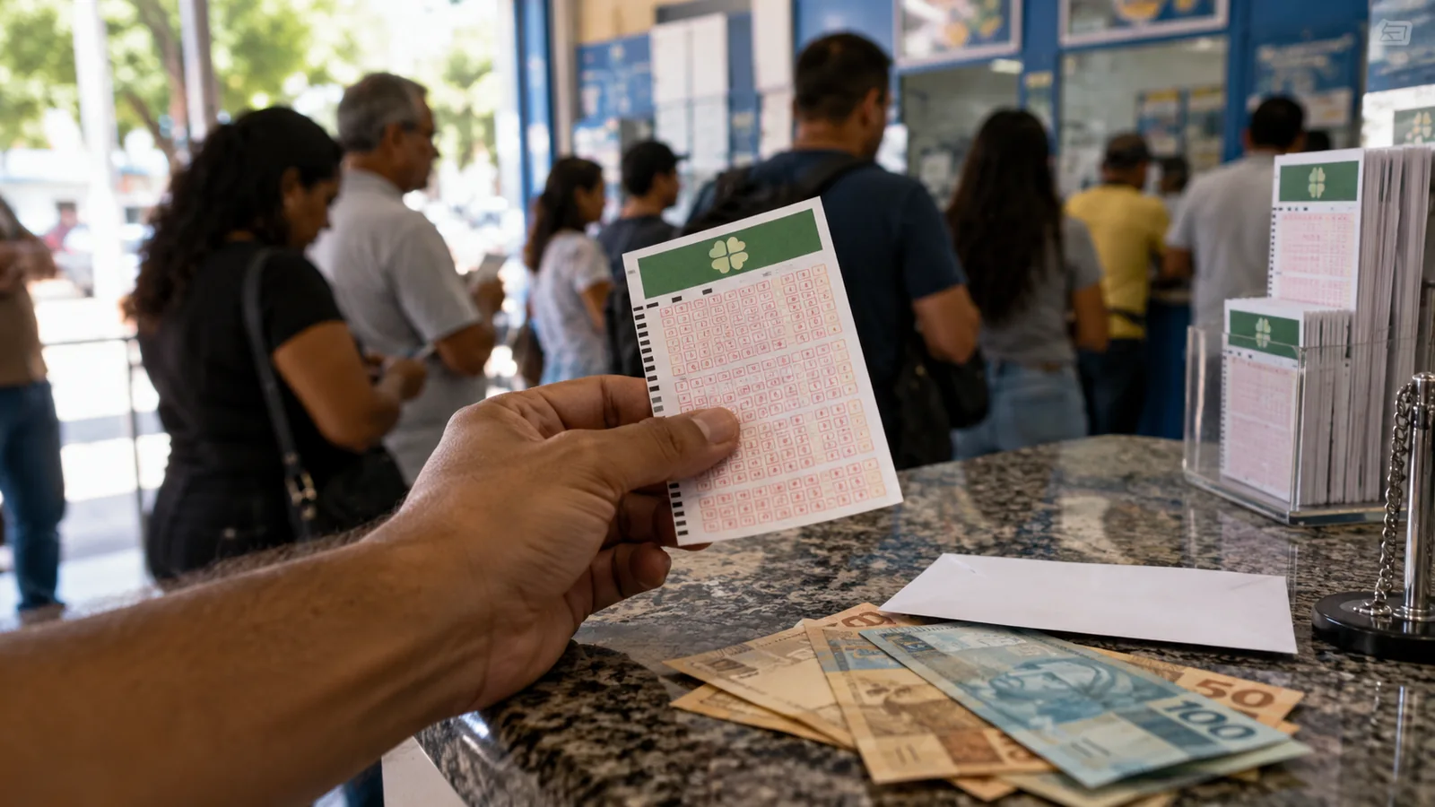 Mega-Sena 324 milhões: bilhete de loteria em casa lotérica brasileira após prêmio recorde