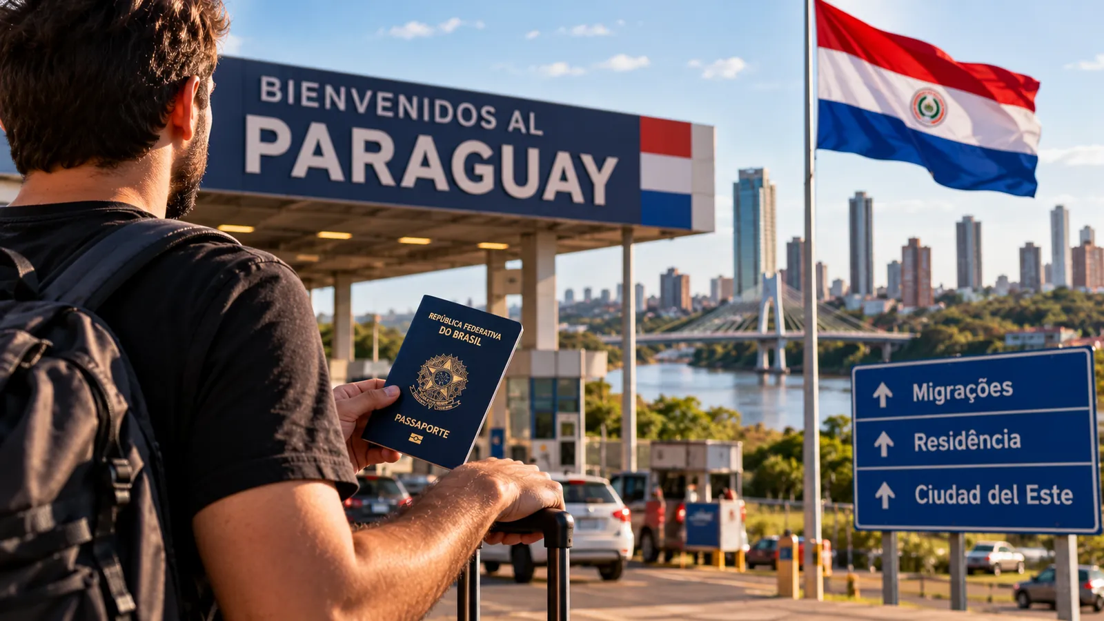 Morar no Paraguai: brasileiro com passaporte na fronteira, com a bandeira paraguaia ao fundo