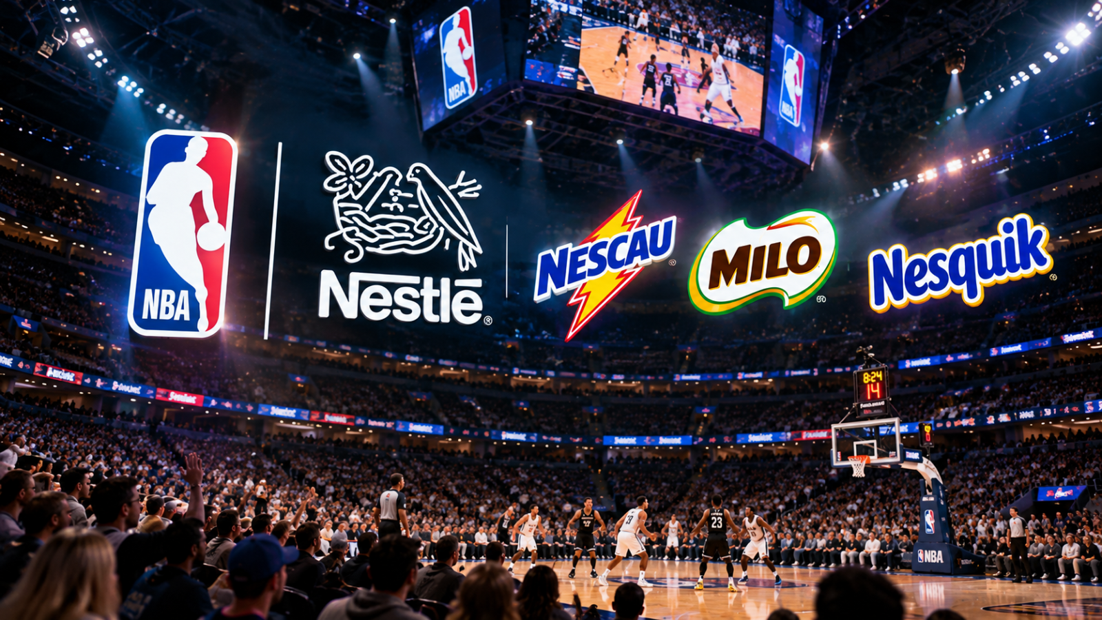 Nestlé e NBA: arena de basquete com as marcas Nescau, Milo e Nesquik