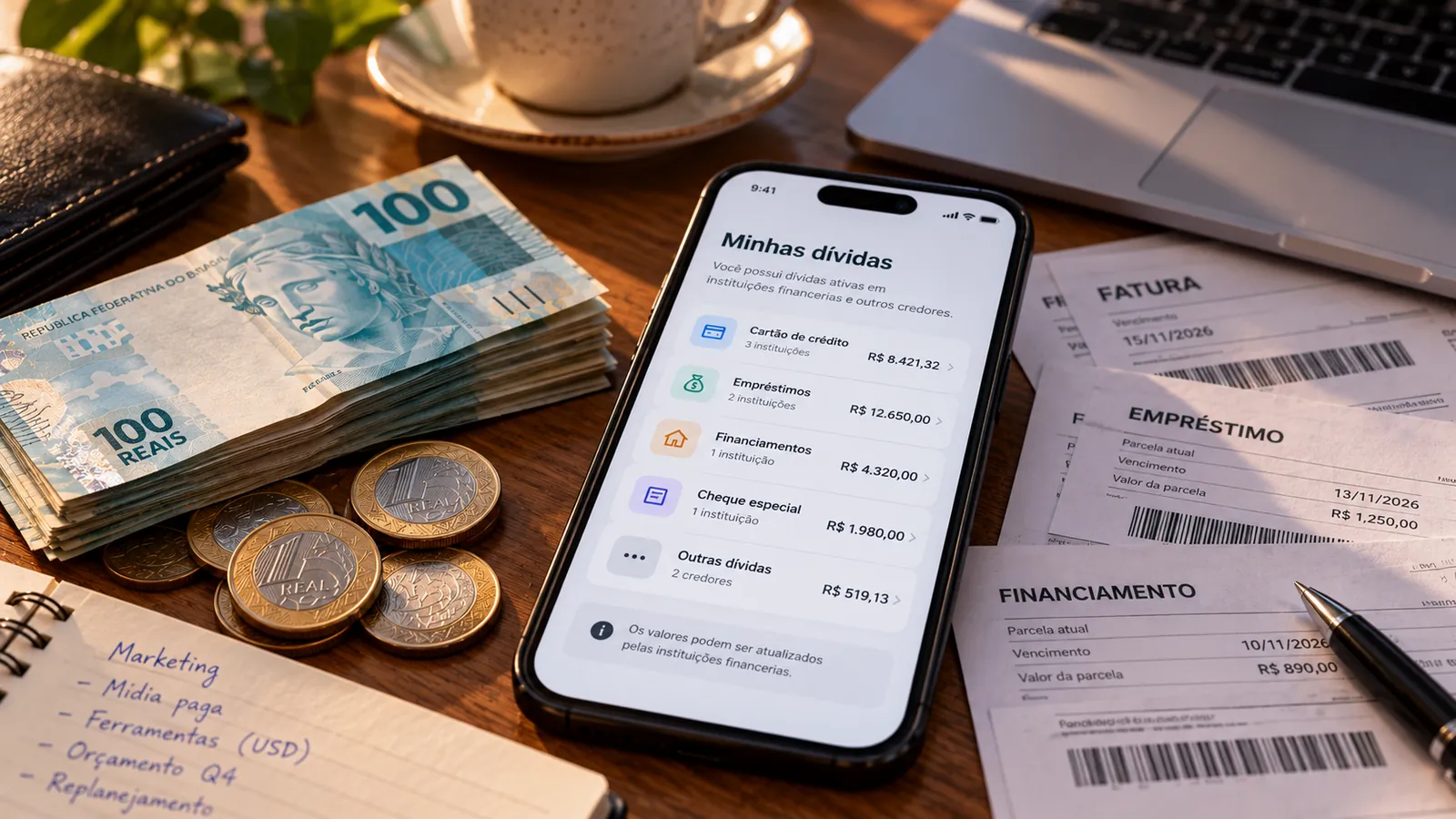 Painel de dívidas no celular com cartão, empréstimos e financiamentos ao lado de boletos e dinheiro