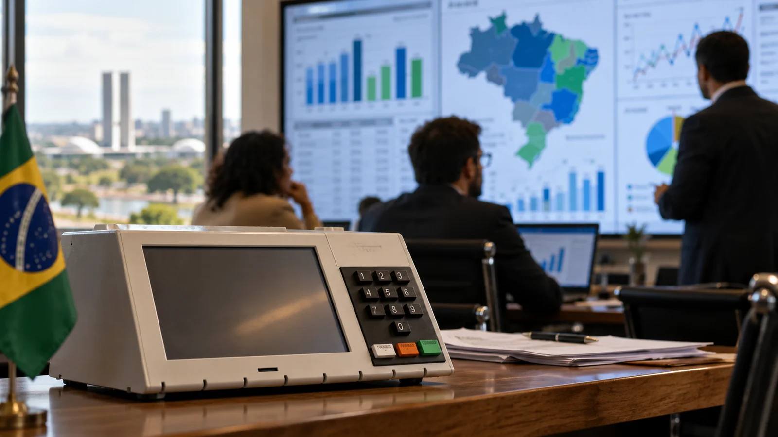Pesquisa de mercado: urna eletrônica brasileira em primeiro plano com gráficos de pesquisas eleitorais ao fundo