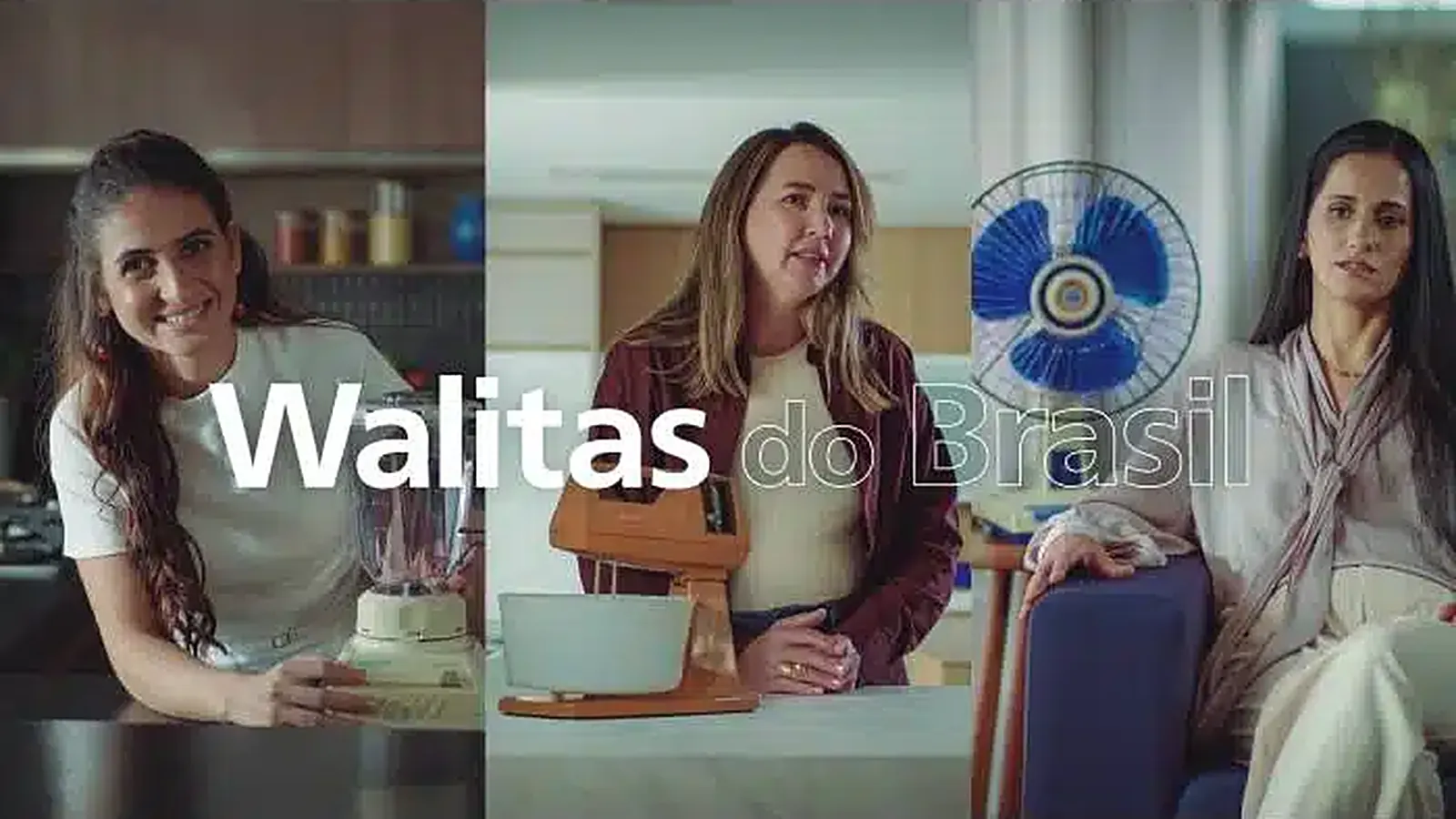 Três protagonistas da campanha Walitas do Brasil, da Philips Walita, com eletrodomésticos da marca