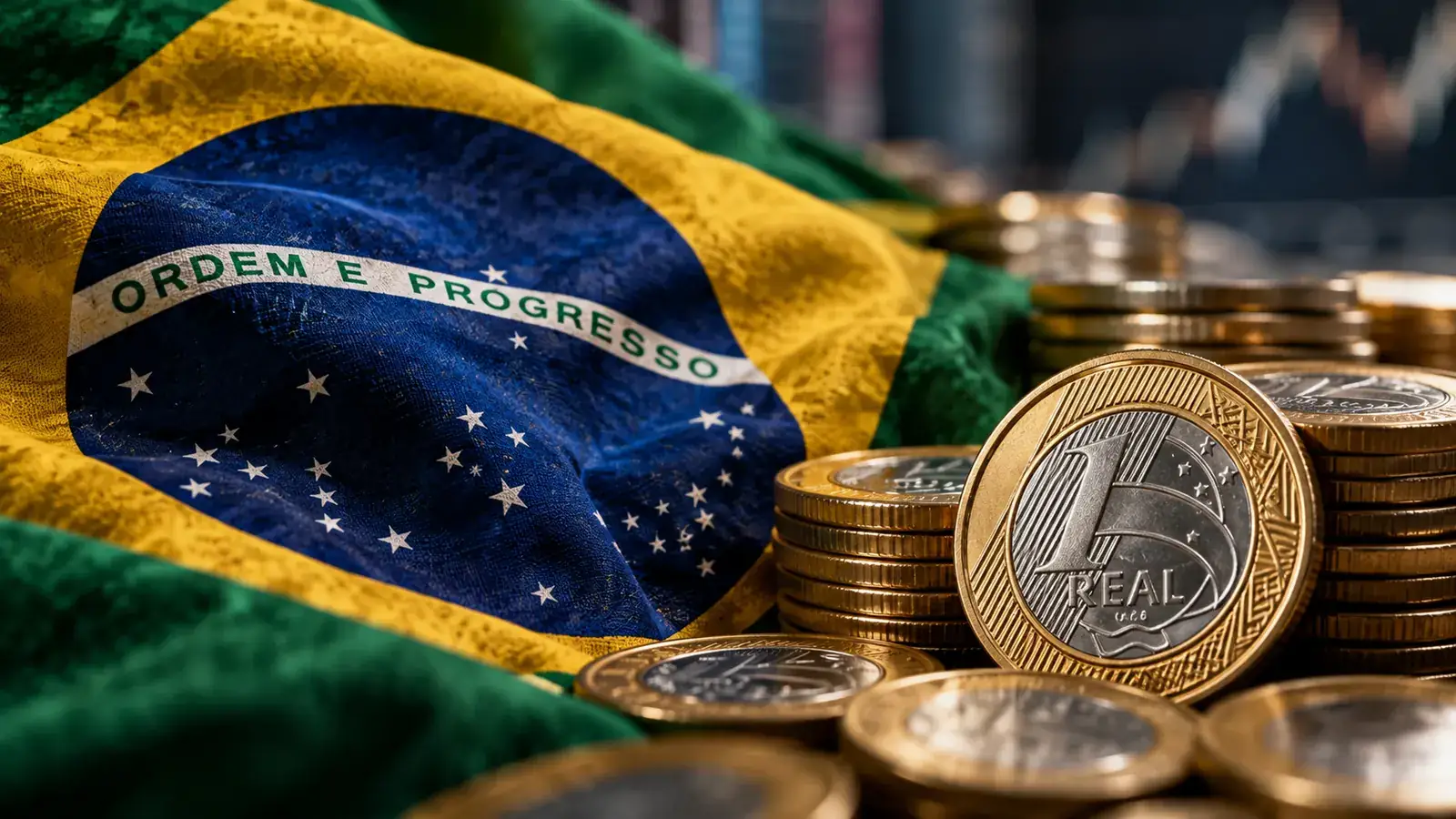 PIB do Brasil: bandeira do Brasil e pilhas de moedas de 1 real