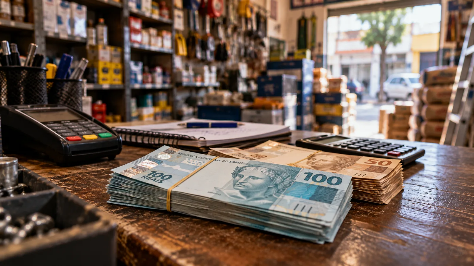 Pix MEI 5 mil: notas de reais sobre balcão de pequeno comércio brasileiro