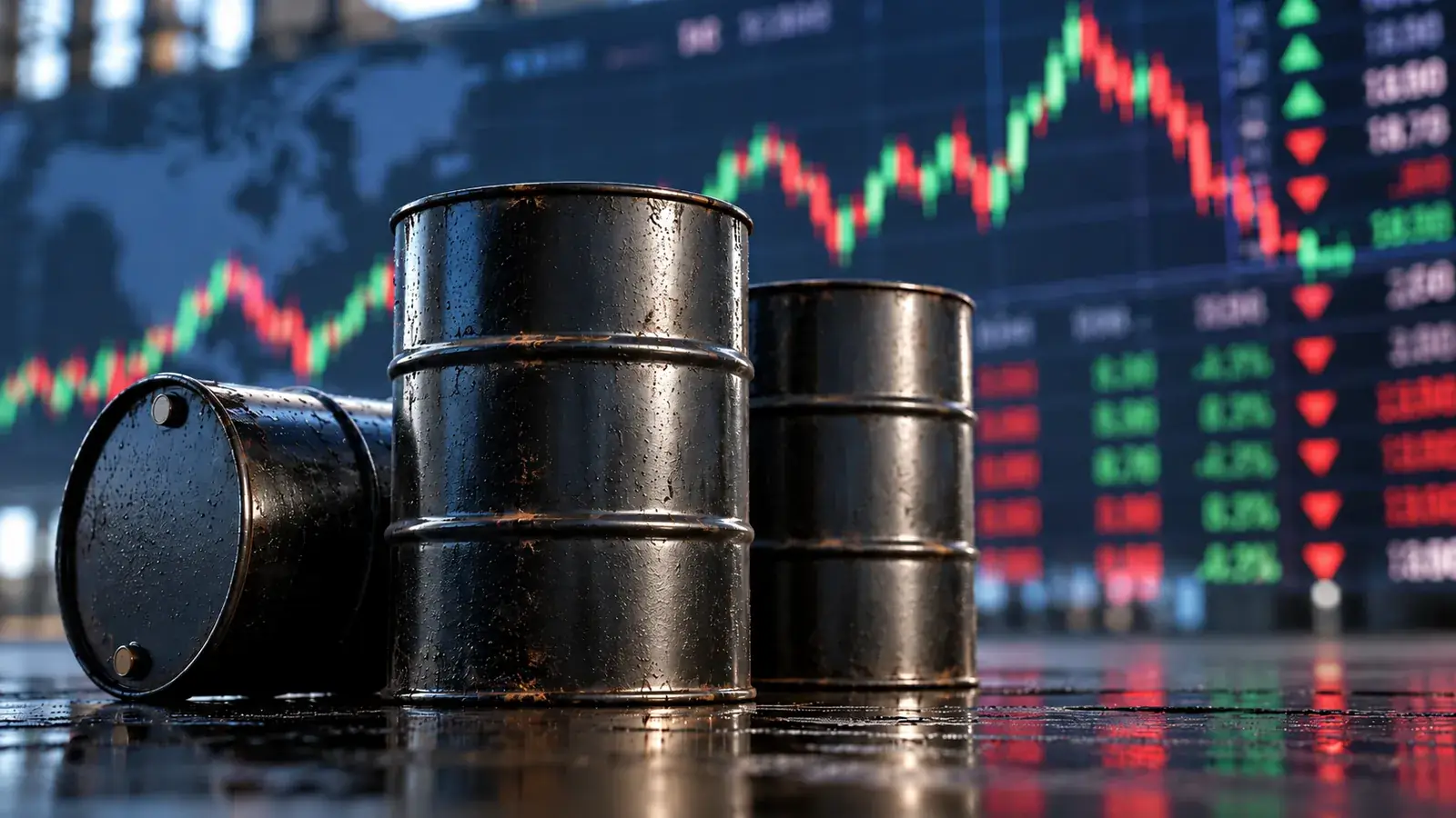 Preço do petróleo: barris de petróleo diante de painel do mercado em alta