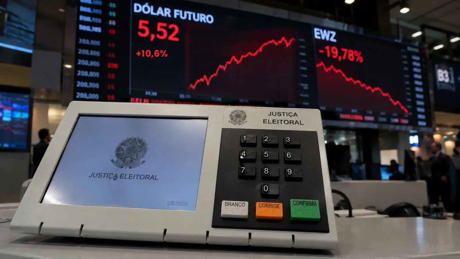 Reeleição de Lula: urna eletrônica diante do painel com dólar futuro em alta e EWZ em queda