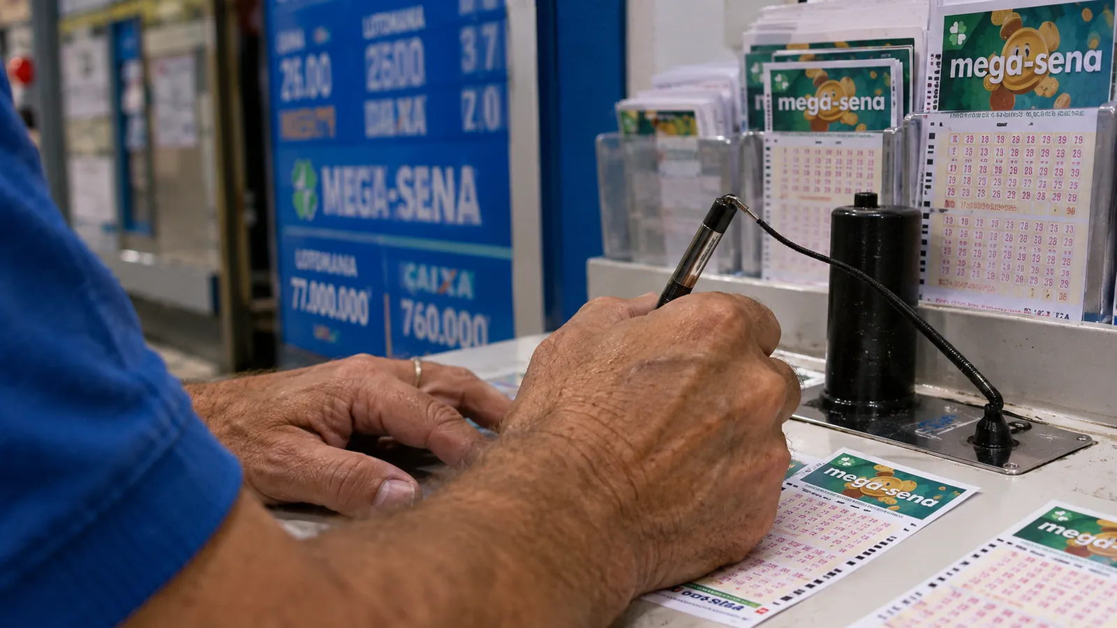 Resultado da Mega-Sena 3076: apostador preenche volante em casa lotérica