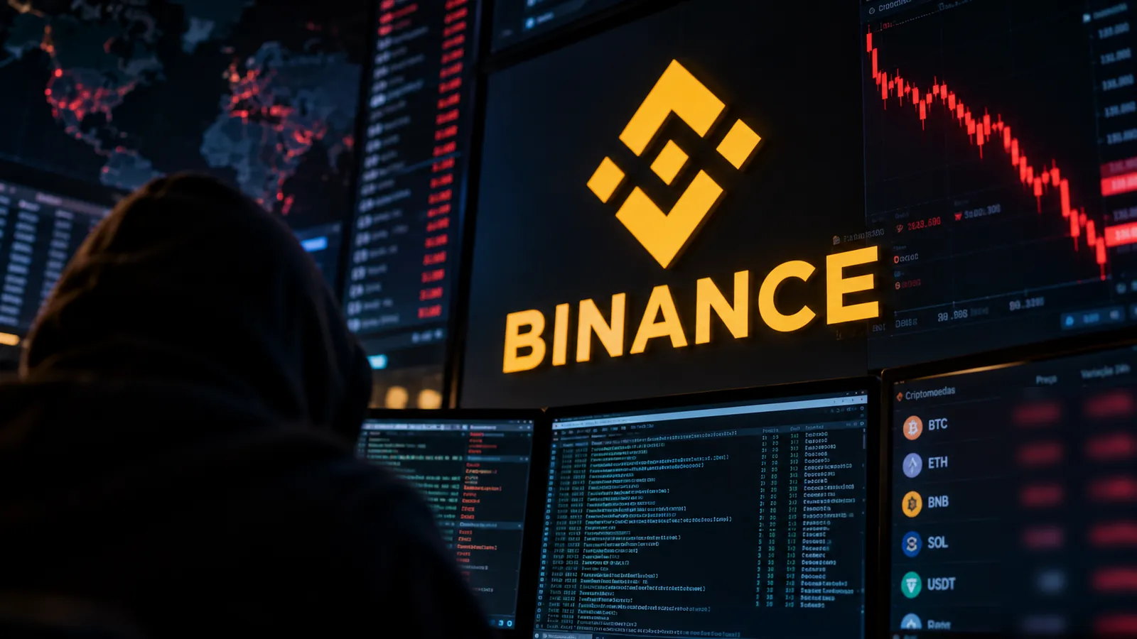 roubo da Binance hacker diante de telas com queda das criptomoedas