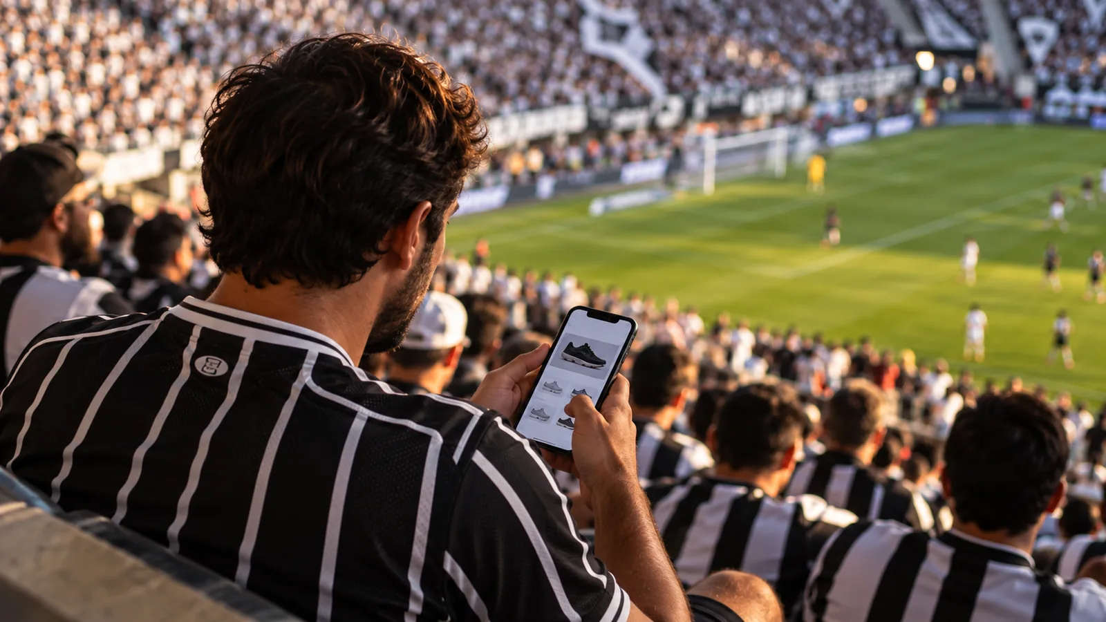 Shopee no Corinthians com torcedor navegando em app de compras no estádio
