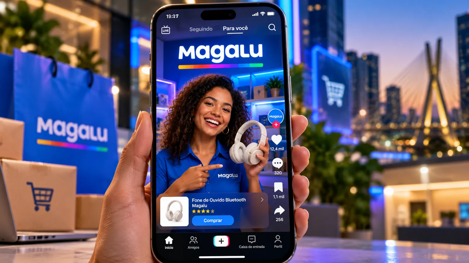 Social commerce: celular exibe vídeo de venda ao vivo com botão de compra dentro do aplicativo