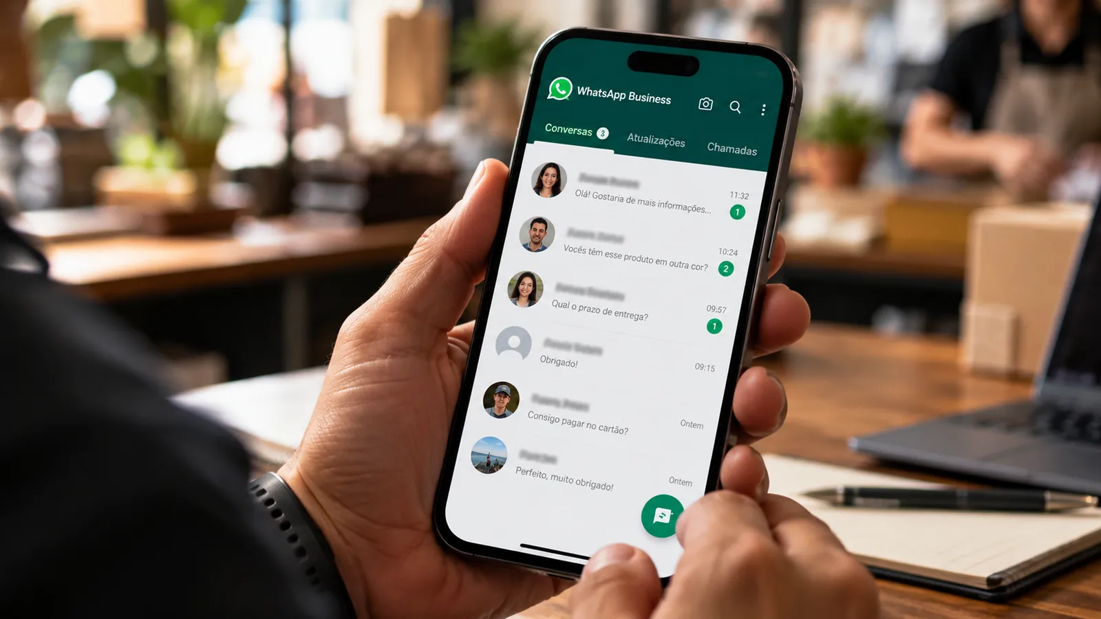 WhatsApp Business: comerciante confere mensagens de clientes no celular